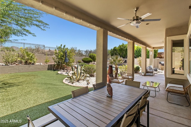 10415 E Rosemary Ln, Scottsdale, AZ 85255 - view of patio / terrace with a ceiling fan and outdoor dining space