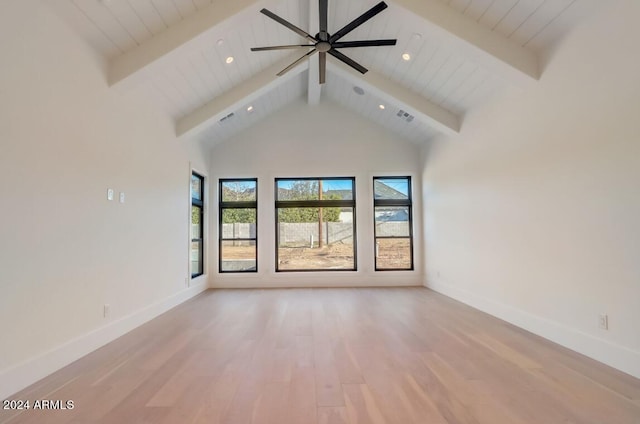 unfurnished room with high vaulted ceiling, visible vents, baseboards, light wood finished floors, and beamed ceiling