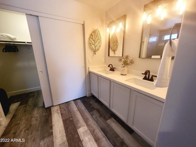 bathroom featuring double vanity, a walk in closet, a sink, and wood finished floors