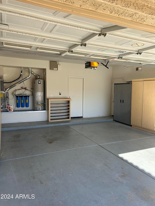 garage featuring a garage door opener and gas water heater