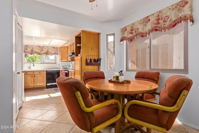 tiled dining space featuring sink and ceiling fan