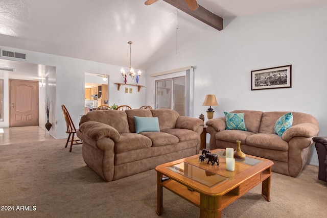 living room with high vaulted ceiling, ceiling fan with notable chandelier, light colored carpet, and beam ceiling