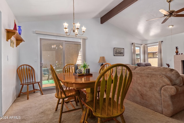 dining space featuring ceiling fan with notable chandelier, carpet flooring, and lofted ceiling with beams