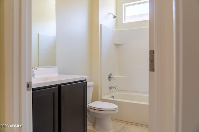 full bathroom with shower / bathtub combination, tile patterned flooring, toilet, and vanity