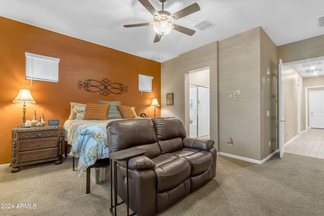 carpeted bedroom with ceiling fan