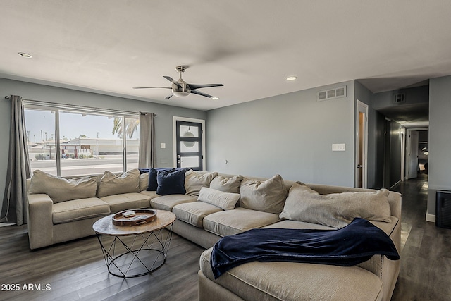 8137 E Indian School Rd, Scottsdale, AZ 85251 - living room featuring dark wood-style flooring, ceiling fan, and recessed lighting
