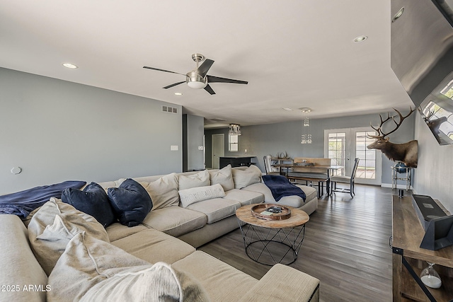 8137 E Indian School Rd, Scottsdale, AZ 85251 - living room with a ceiling fan, dark wood-style floors, and recessed lighting