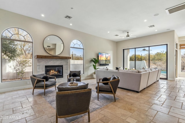 living room with ceiling fan