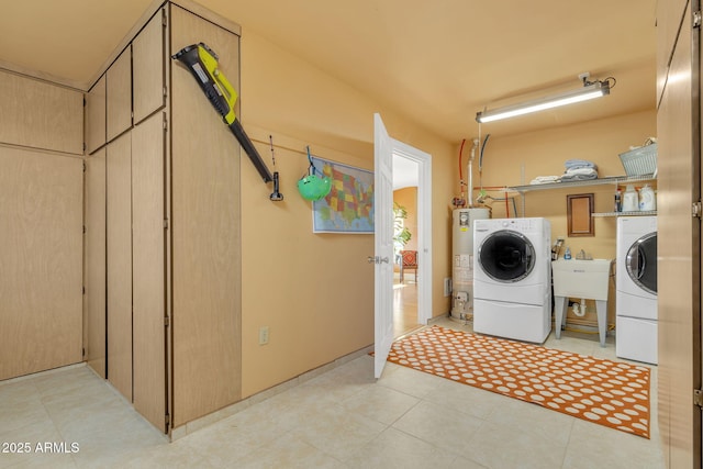 laundry room featuring gas water heater and sink