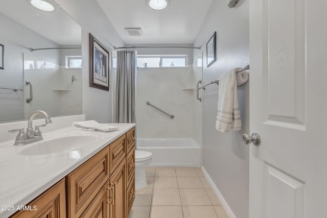 full bathroom featuring shower / tub combo with curtain, vanity, toilet, and tile patterned flooring