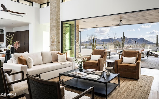 28805 N 114th St, Scottsdale, AZ 85262 - living area featuring a high ceiling, wood finished floors, a mountain view, and a ceiling fan