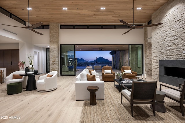 28805 N 114th St, Scottsdale, AZ 85262 - living area with a high ceiling, wooden ceiling, hardwood / wood-style flooring, and ceiling fan
