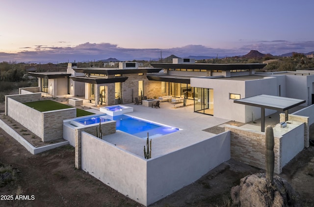 28805 N 114th St, Scottsdale, AZ 85262 - view of pool with a fenced backyard, a pool with connected hot tub, a fire pit, and a patio