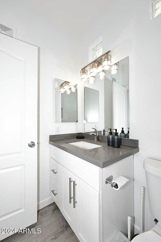 bathroom with vanity, wood-type flooring, and toilet