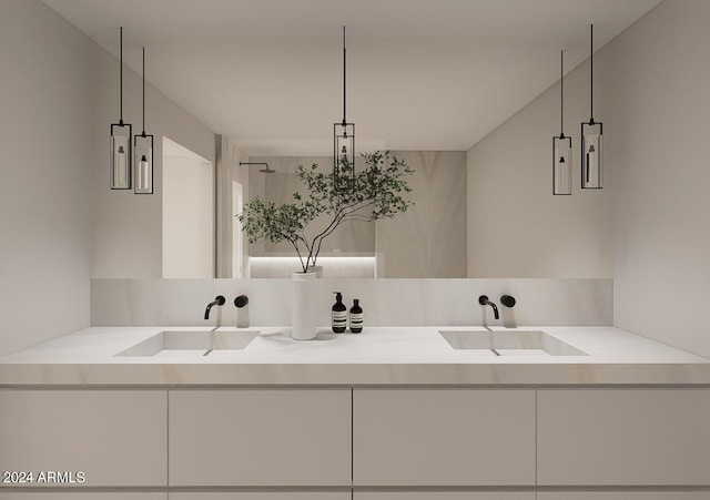 bathroom featuring tasteful backsplash, vanity, and an enclosed shower