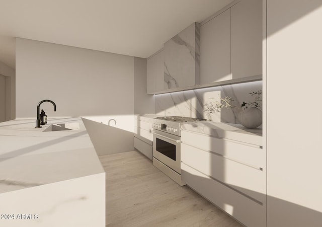 kitchen featuring stainless steel range, sink, and light hardwood / wood-style floors