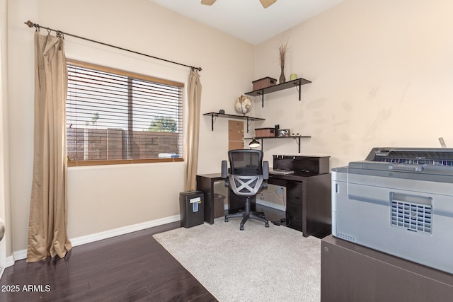 6719 N 15th Ave, Phoenix, AZ 85015 - office area with wood finished floors, baseboards, and a ceiling fan