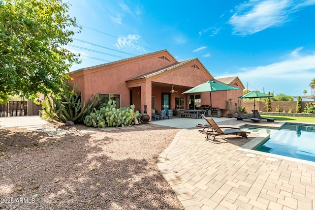 6719 N 15th Ave, Phoenix, AZ 85015 - back of house with a fenced backyard, a patio area, a ceiling fan, and stucco siding