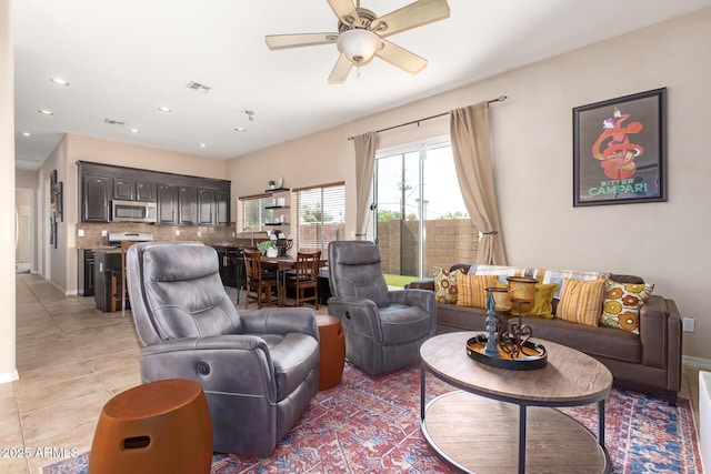 6719 N 15th Ave, Phoenix, AZ 85015 - living room with ceiling fan, light tile patterned floors, recessed lighting, and baseboards