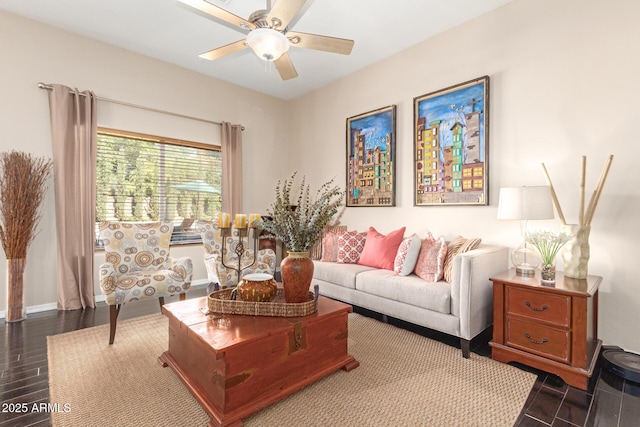6719 N 15th Ave, Phoenix, AZ 85015 - living area with a ceiling fan, dark wood-style flooring, and baseboards
