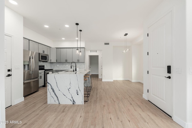 kitchen featuring appliances with stainless steel finishes, pendant lighting, backsplash, a kitchen island with sink, and light stone countertops