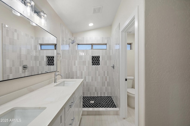 bathroom with toilet, lofted ceiling, tiled shower, and vanity