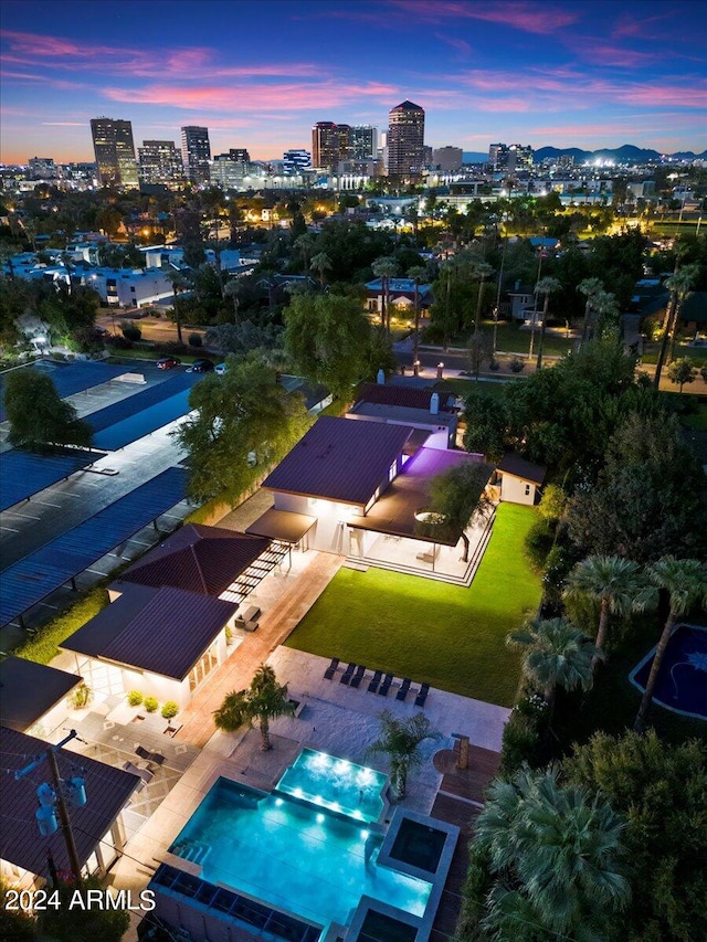 view of aerial view at dusk