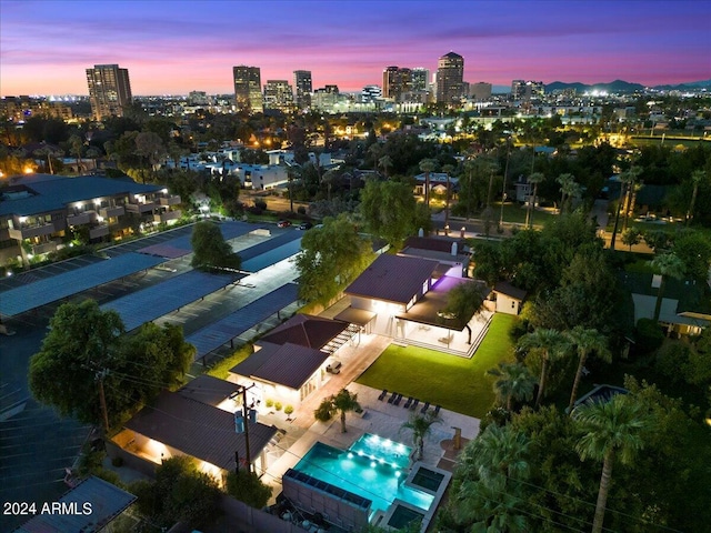 view of aerial view at dusk