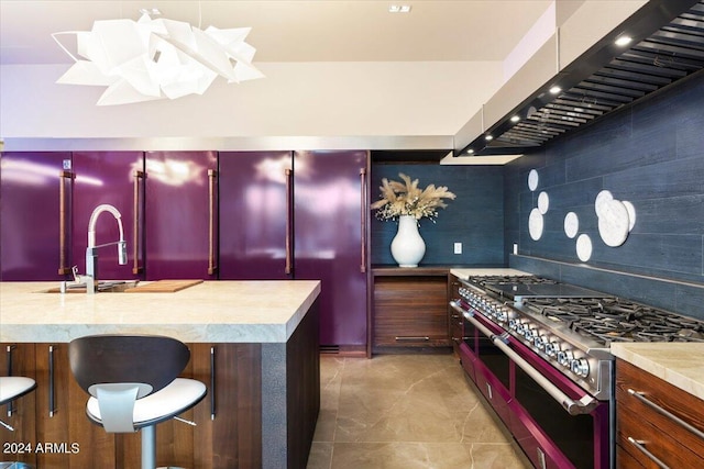 kitchen with decorative backsplash, a breakfast bar, ventilation hood, double oven range, and sink