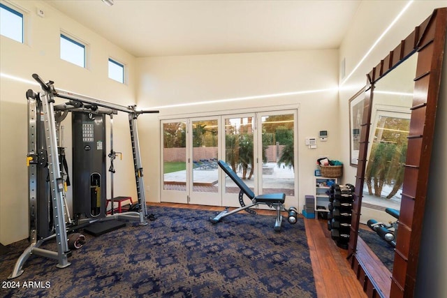 exercise room featuring dark hardwood / wood-style floors and a high ceiling