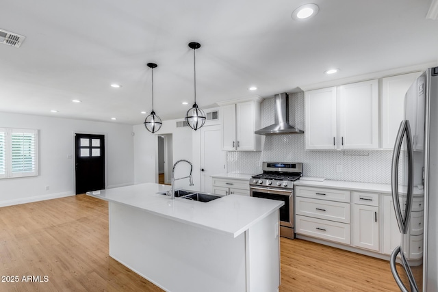 2336 E Flower St, Phoenix, AZ 85016 - kitchen featuring appliances with stainless steel finishes, wall chimney exhaust hood, a sink, white cabinets, and tasteful backsplash