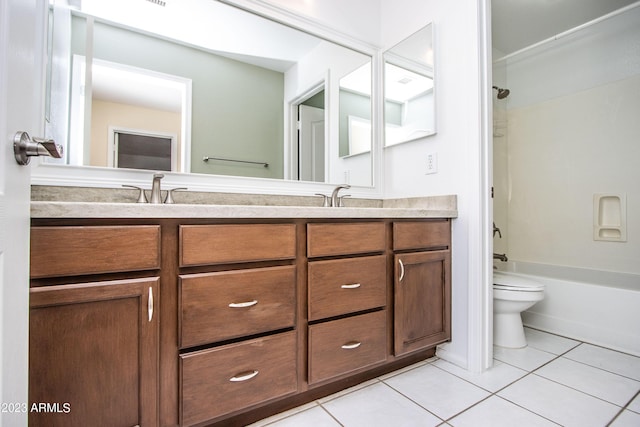 full bathroom with toilet, shower / washtub combination, vanity, and tile patterned floors