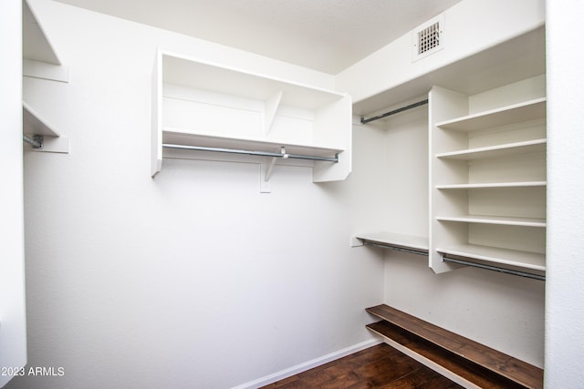 walk in closet with dark hardwood / wood-style flooring