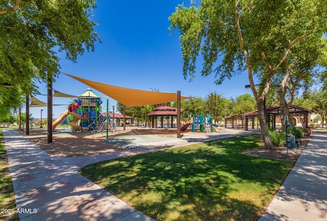 view of play area with a lawn and a gazebo