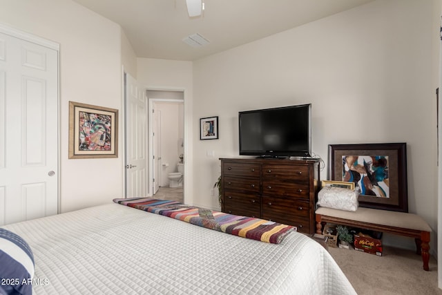 bedroom with a ceiling fan, visible vents, and carpet floors