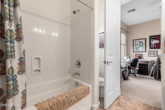 bathroom with tile patterned flooring, shower / bath combo with shower curtain, toilet, and visible vents