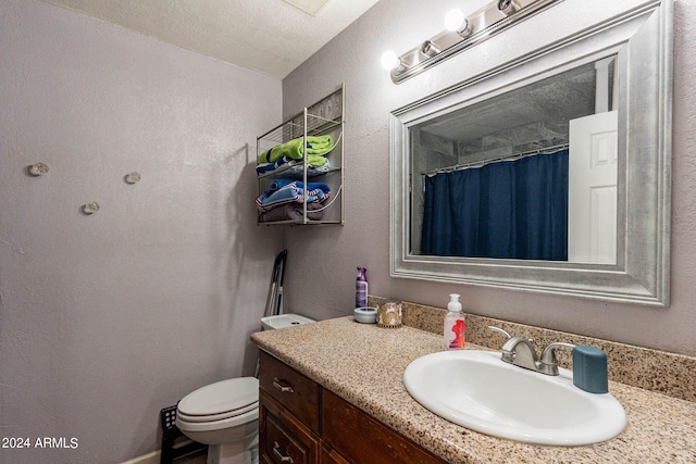 2022 W Aster Dr, Phoenix, AZ 85029 - bathroom with vanity, toilet, a textured wall, and a shower with curtain