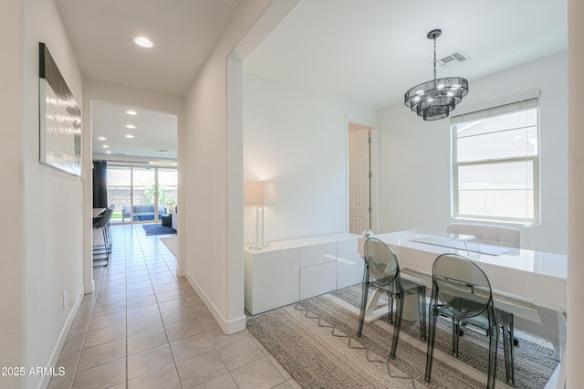21595 S 225th Way, Queen Creek, AZ 85142 - dining area featuring light tile patterned flooring, a chandelier, recessed lighting, baseboards, and visible vents