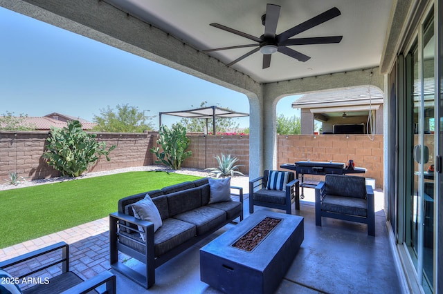 21595 S 225th Way, Queen Creek, AZ 85142 - view of patio / terrace with a fenced backyard, an outdoor living space with a fire pit, and ceiling fan