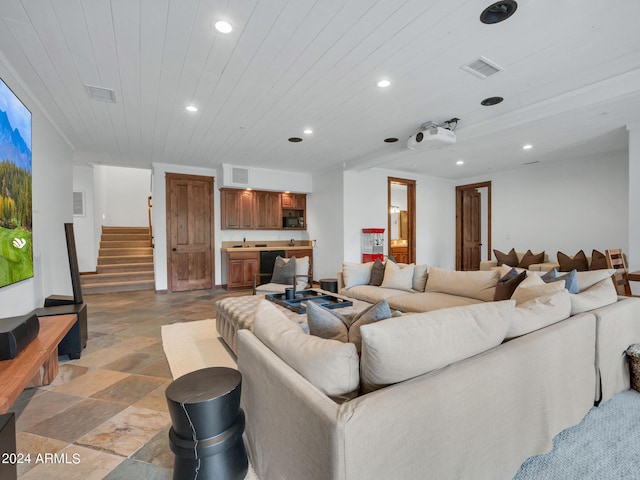 living area with wood ceiling, stairway, visible vents, and recessed lighting