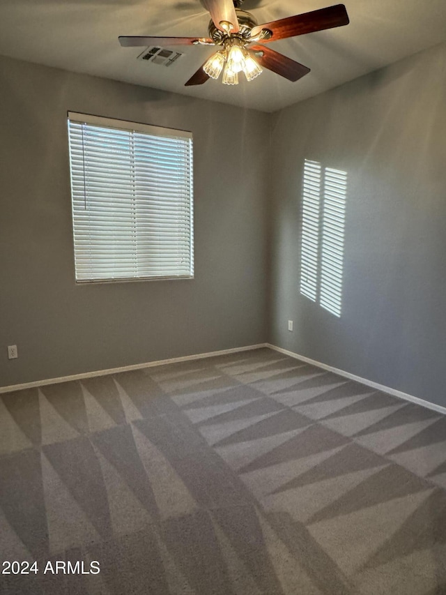 carpeted spare room with ceiling fan and a wealth of natural light