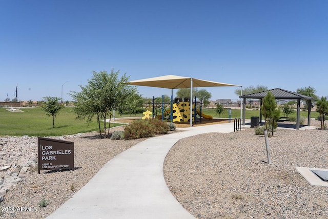 exterior space with playground community and a gazebo