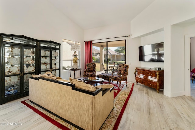 living room featuring high vaulted ceiling and hardwood / wood-style flooring