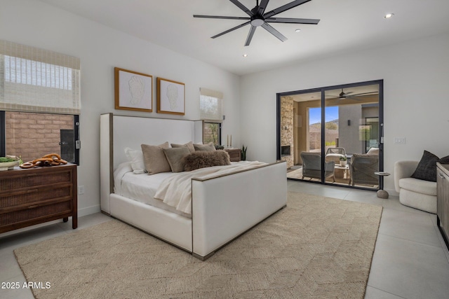 bedroom featuring access to exterior and ceiling fan