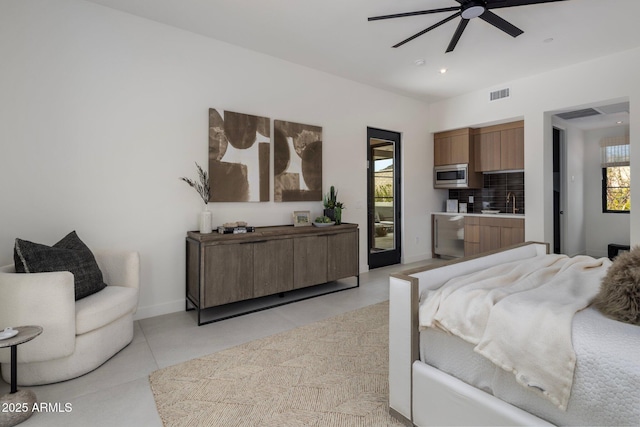 bedroom featuring access to outside and ceiling fan