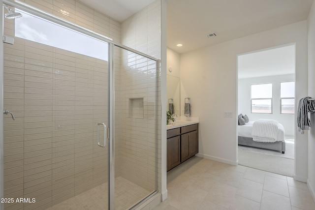 full bath featuring vanity, visible vents, ensuite bath, tile patterned flooring, and a shower stall