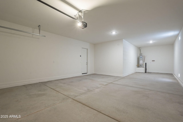 garage with gas water heater, baseboards, and a garage door opener