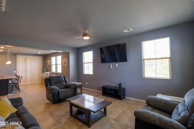 324 N 56th Pl, Mesa, AZ 85205 - living area with ceiling fan, light tile patterned floors, baseboards, and recessed lighting
