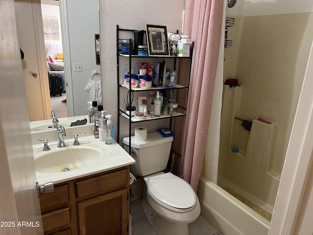 full bathroom with toilet, vanity, shower / tub combo, and tile patterned floors