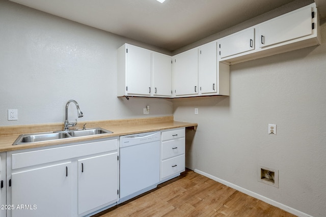 kitchen with light hardwood / wood-style floors, dishwasher, white cabinets, and sink